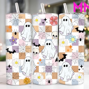 Retro Halloween Ghost 20 onças Skinny Tumbler Png, Halloween Ghost 20 onças Tumbler Png, Horror Halloween Straight e Taper Tumbler Wrap