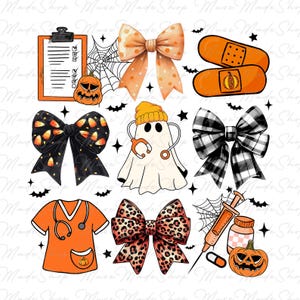 May include: A set of Halloween-themed digital clipart featuring a ghost with a stethoscope, a nurse's uniform, a bow with candy corn, a bow with black and white checkered pattern, a bow with leopard print, a clipboard with a pumpkin, a syringe, a pill bottle, and a bandage.