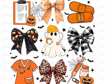 May include: A set of Halloween-themed digital clipart featuring a ghost with a stethoscope, a nurse's uniform, a bow with candy corn, a bow with black and white checkered pattern, a bow with leopard print, a clipboard with a pumpkin, a syringe, a pill bottle, and a bandage.