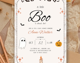 Halloween Baby Shower Invitation: A Little Boo is Almost Due, Editable Canva Template (PDF Download
