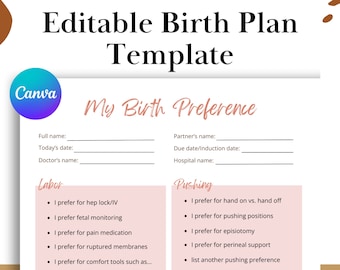 Editable Birth Plan Template: Canva Printable, Labor & Delivery Preferences