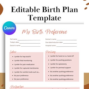 Bewerkbare sjabloon geboorteplan: afdrukbaar Canva, voorkeuren voor arbeid en bezorging