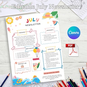 July Newsletter Template, Editable Newsletter, Monthly Newsletter, School Newsletter, Classroom Newsletter
