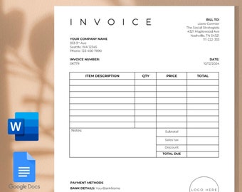 Editable Minimalist Invoice Template: Small Business Billing Form