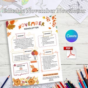 November Newsletter Template, Editable Newsletter, Monthly Newsletter, Classroom Newsletter, School Newsletter, PTO News, Fall Newsletter