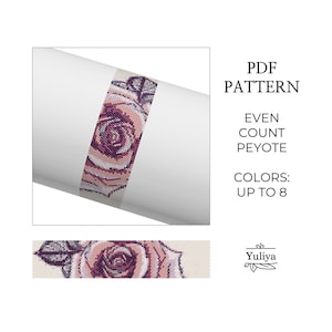 Pink Rose Peyote Bracelet Pattern PDF Floral Even Count Design for Delica Beads Seed Bead Chart Handmade Jewelry Beadwork Accessory DIY