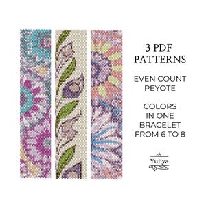 Patrón de pulsera de peyote floral, peyote de recuento par, pulsera peyoteada, pulsera de cuentas de peyote, patrón de peyote de flores, motivo floral de peyote