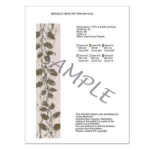 May include: A beading pattern for a bracelet with a leafy design. The pattern is 1.27 inches wide and 6.64 inches long. The pattern uses six colors of beads and is worked in even count peyote stitch.