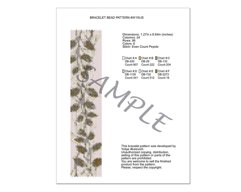 May include: A beading pattern for a bracelet with a leafy design. The pattern is 1.27 inches wide and 6.64 inches long. The pattern uses six colors of beads and is worked in even count peyote stitch.