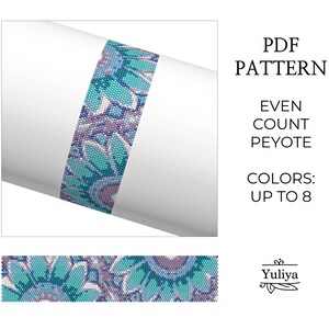 May include: PDF pattern for an even count peyote stitch beaded bracelet with a floral design in shades of blue, purple, and white. The pattern uses up to 8 colors.  The pattern is by Yuliya.