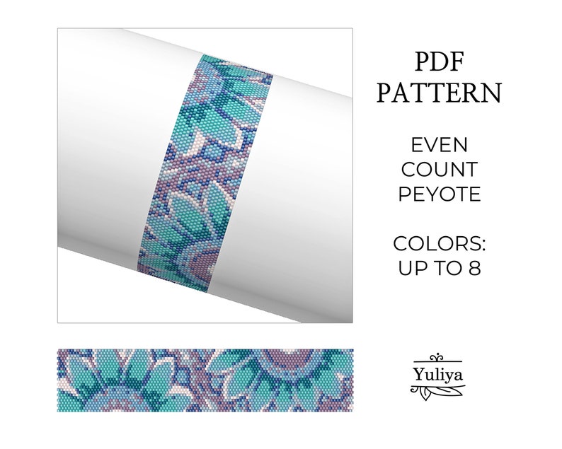 May include: PDF pattern for an even count peyote stitch beaded bracelet with a floral design in shades of blue, purple, and white. The pattern uses up to 8 colors.  The pattern is by Yuliya.