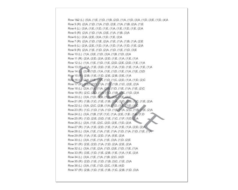 May include: A list of rows with numbers and letters, showing a pattern of letters and numbers. The list is titled "Row 182" at the top and continues down to "Row 37".