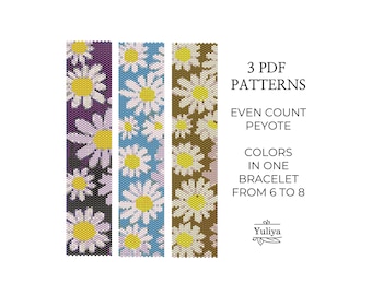 Schema per bracciale Peyote con motivo floreale a margherita in PDF, design colorato con conteggio uniforme per perline Delica, tabella perline, gioielli fatti a mano, bracciale Peyote fai da te