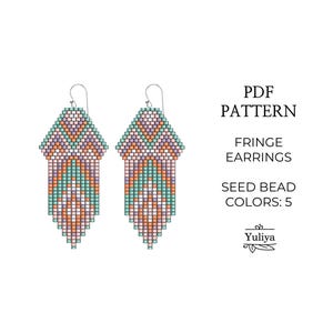 Fringe earrings pattern, Brick stitch patterns, Ethno earrings pattern, Seed bead pattern, Romantic green beaded pattern, Native earrings