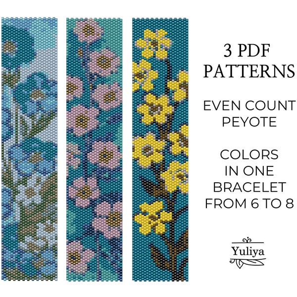 Forget-Me-Not Peyote Bracelet Pattern, Floral Peyote Bracelet, Beaded Bracelet Pattern, Flower Peyote, Delica Pattern, Even Count Peyote