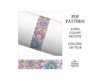 Schema per bracciale con punto peyote a forma di fiore in PDF, disegno con perline di semi con conteggio pari per perline Delica, gioielli fatti a mano, accessori con perline floreali fai da te