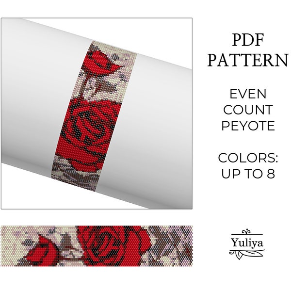 Rose Peyote Bracelet Pattern, Floral Peyoted Bracelet, Beaded Bracelet Pattern, Flower Peyote, Delica Pattern, Even Count Peyote bracelet