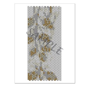 May include: A beaded bracelet with a pattern of brown, white, and gray beads. The bracelet is made with small, round beads.