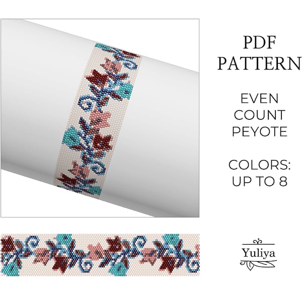 Floral Peyote Bracelet pattern, Even Count Stitch Beaded, Peyoted Bracelet, Peyote Seed Bead Bracelet, Flower Pattern, Peyote Floral Motif