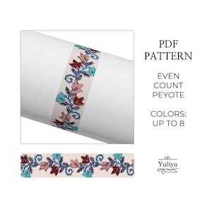 Floral Peyote Bracelet pattern, Even Count Stitch Beaded, Peyoted Bracelet, Peyote Seed Bead Bracelet, Flower Pattern, Peyote Floral Motif