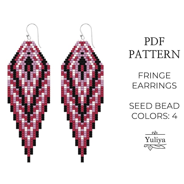 Fringe earrings pattern, Brick stitch patterns, Red beaded earrings pattern, Seed bead pattern, White witch beaded pattern, Native earrings