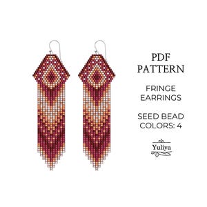 Patrón de pendientes con flecos de punto ladrillo, patrón de pendientes con flecos, patrón de pendientes largos, patrón de cuentas de semillas, patrón de pendientes boho, pendientes nativos