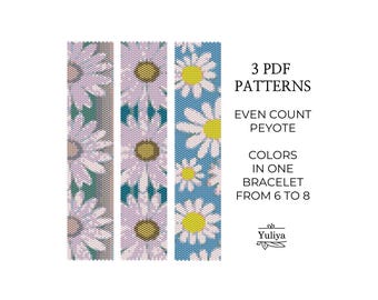 Schema per bracciale con fiori di margherita in peyote in formato PDF, disegno con conteggio pari per perline Delica, tabella perline, gioielli fatti a mano, bracciale con peyote floreale fai da te