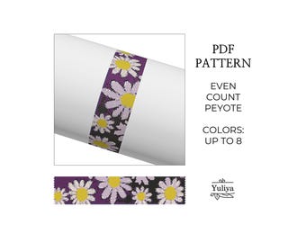 Patrón de pulsera de peyote con margaritas, pulsera de peyote con flores, patrón de pulsera de cuentas, peyote colorido, patrón delicado, pulsera de peyote con cuentas pares