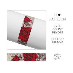 Rose Peyote Bracelet Pattern, Floral Peyoted Bracelet, Beaded Bracelet Pattern, Flower Peyote, Delica Pattern, Even Count Peyote bracelet