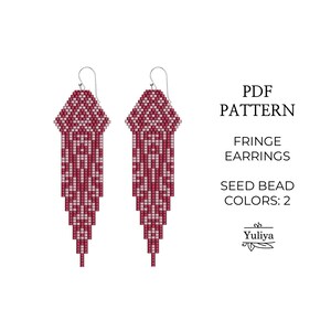 Brick Stitch Fringe Earrings Pattern geometric two tone seed bead dangle tutorial PDF instant download chart step guide easy red and white