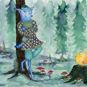 A3 Original ink Giclee painting print of cunning wolf folk tale scared animals hiding pancake misty forest kid’s room gallery wall Halloween
