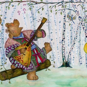 A3 Original ink Giclee painting print of laughing bear folk tale music balalaika pancake bees animals dance gift for kid’s room gallery wall