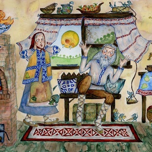 A3 Original ink Giclee painting print of old man woman folk tale baking pancake vintage village house warming pets kid’s room gallery wall