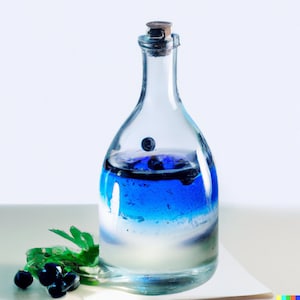 Könnte beinhalten: Eine klare Glasflasche mit einem Korkverschluss, gefüllt mit einer geschichteten blauen Flüssigkeit. Die Flasche steht auf einer weißen Oberfläche mit grünen Blättern und dunkelblauen Beeren.