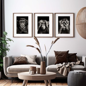 Printable Digital Wall Art Set, 3 Wise Monkeys. Downloadable Art. Don't see Don't hear Don't speak. SVG. Iconic. Black & White. Monkeys