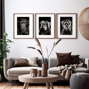 Druckbare digitale Wand Kunst Set, 3 Weise Affen. Herunterladbare Kunst. Nicht sehen, nicht hören, nicht sprechen. SVG. Kultig. Schwarz & Weiß. Affen
