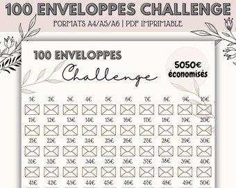100 enveloppes challenge français fiche défi imprimable A6/A5/A4, PDF à télécharger, enveloppes budgétaires, défi budget