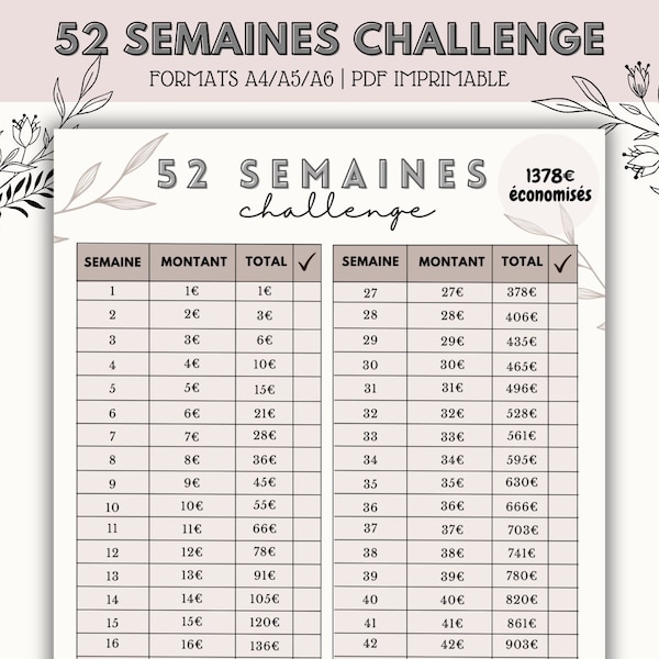 52 semaines challenge français fiche défi imprimable A6/A5/A4, PDF à télécharger, enveloppes budgétaires, défi budget