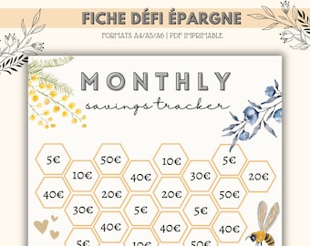 Monthly savings budget challenge sheet A6/A5/A4 beige bee printable, PDF to download, budget envelopes, budget planner