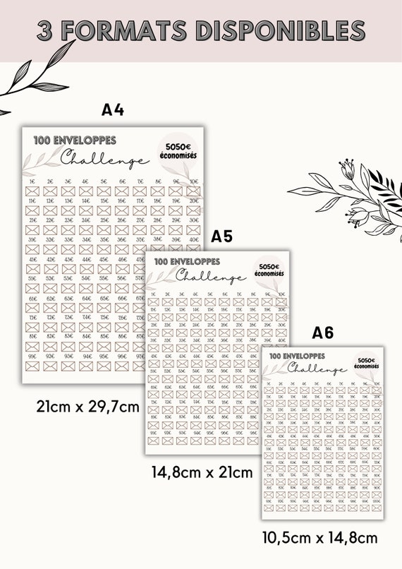 100 French Challenge Envelopes Printable Challenge Sheet A6/A5/A4