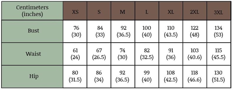 May include: A size chart for clothing, with measurements in centimeters and inches. The chart includes bust, waist, and hip measurements for sizes XS to 3XL. The bust measurements range from 30 inches to 53 inches.