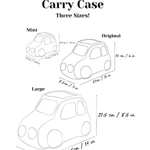 K&ouml;nnte beinhalten: Strichzeichnung einer Spielzeugauto-Tragetasche, erh&auml;ltlich in drei Gr&ouml;&szlig;en. Die Mini-Gr&ouml;&szlig;e ist 5,7 cm breit und 14 cm lang. Die Originalgr&ouml;&szlig;e ist 24 cm lang und 15 cm hoch. Die gro&szlig;e Gr&ouml;&szlig;e ist 35,5 cm lang.