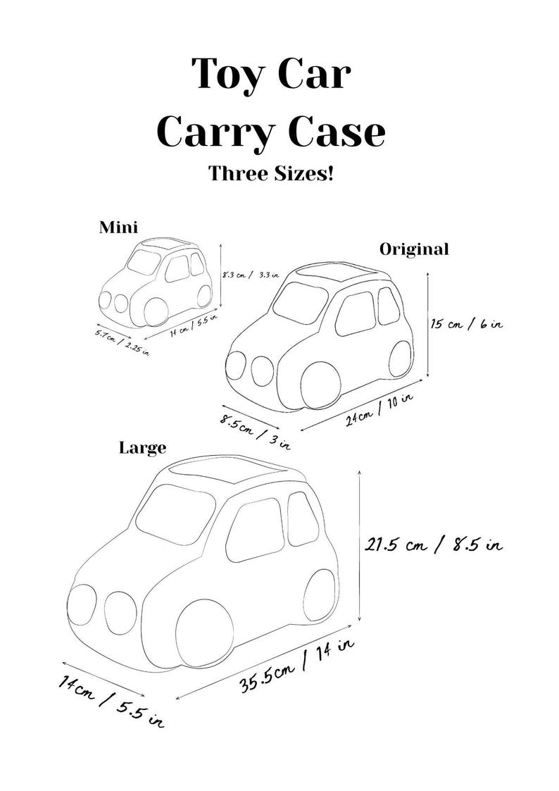 K&ouml;nnte beinhalten: Strichzeichnung einer Spielzeugauto-Tragetasche, erh&auml;ltlich in drei Gr&ouml;&szlig;en. Die Mini-Gr&ouml;&szlig;e ist 5,7 cm breit und 14 cm lang. Die Originalgr&ouml;&szlig;e ist 24 cm lang und 15 cm hoch. Die gro&szlig;e Gr&ouml;&szlig;e ist 35,5 cm lang.