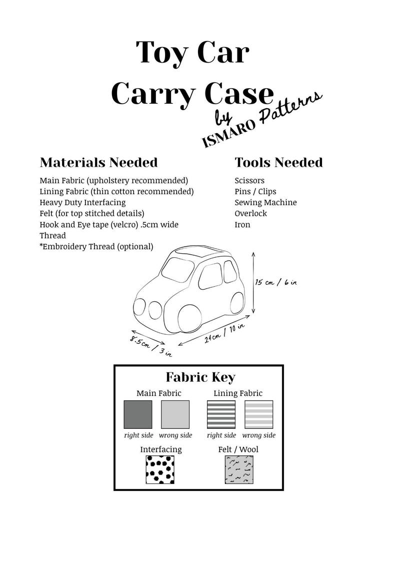 K&ouml;nnte beinhalten: Schwarz-wei&szlig;-Diagramm f&uuml;r ein Schnittmuster f&uuml;r eine Spielzeugauto-Tragetasche. Das Bild enth&auml;lt eine Auto-Umrisszeichnung mit den Ma&szlig;en 24 cm lang und 15 cm hoch. Es listet die ben&ouml;tigten Materialien und Werkzeuge sowie einen Stoffschl&uuml;ssel auf.