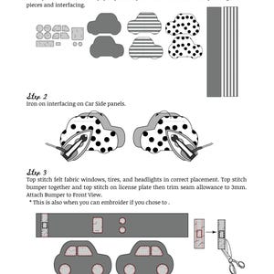 K&ouml;nnte beinhalten: Anleitung f&uuml;r ein N&auml;hprojekt in Form eines Autos. Das Bild zeigt Schnittmuster, Stoffbeispiele und Schritt-f&uuml;r-Schritt-Anleitungen mit Text. Enth&auml;lt Bilder von Autos mit Punkten, Streifen und einfarbigen Farben. Die Schritte umfassen B&uuml;geln, N&auml;hen und Anbringen von Teilen.