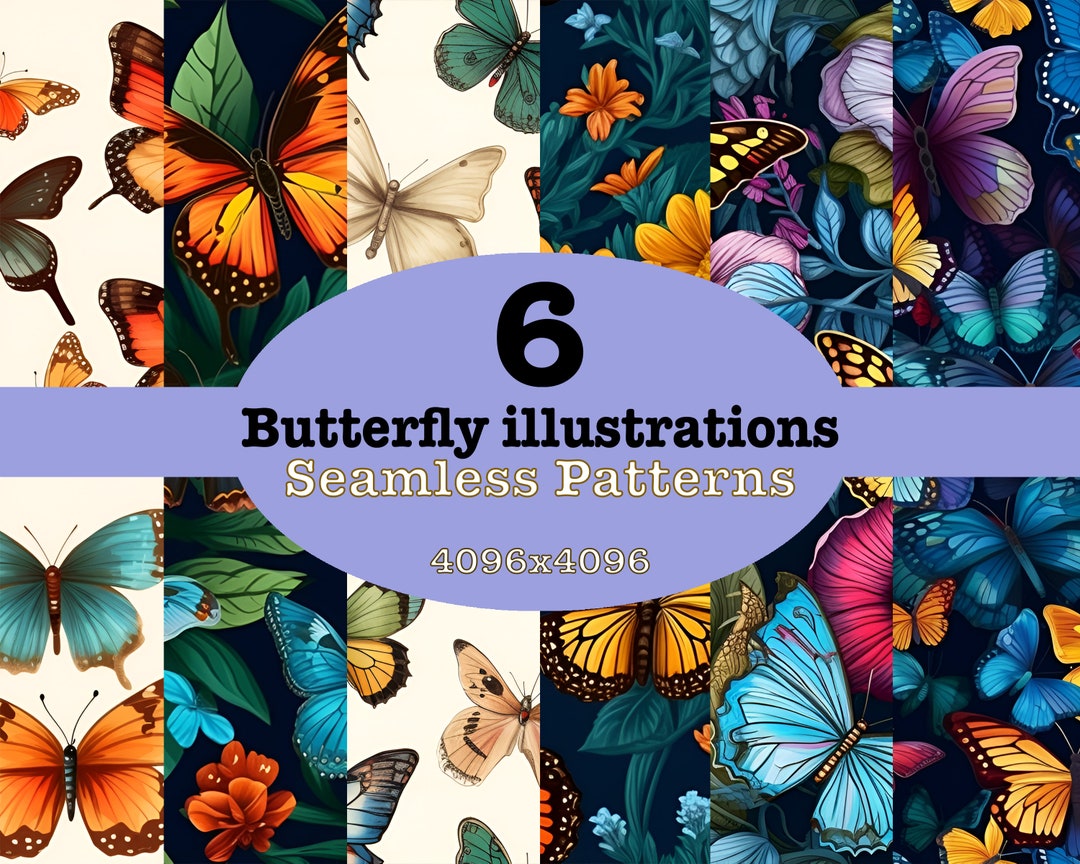 Butterfly Illustration Patterns Bundle of 6, Premium Seamless Insect ...