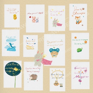 12 cartes postales inspirantes à imprimer | Citations d'animaux mignons pour la motivation | Art dessiné à la main en téléchargement numérique