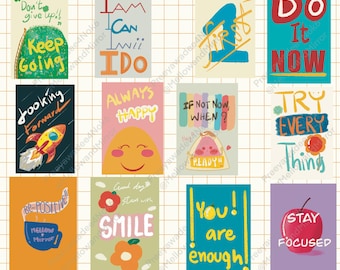 Postal positiva, Un conjunto de 12 postales de motivación e inspiración, Sin IA, Descarga imprimible, Decoración de pared