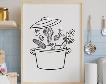 One Line Drawing, Minimalist, Kitchen decor, Cafe Decor, Minimalist Wall Art, Kitchen Line Art Print, Line Art, Digital download,