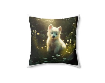 White Wolf Pup Spun Polyester Square Pillow